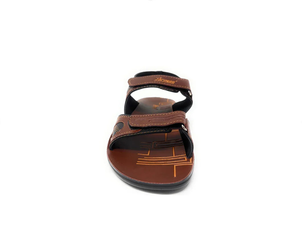 Brown open-toe sandal with adjustable strap, casual men's footwear on white background