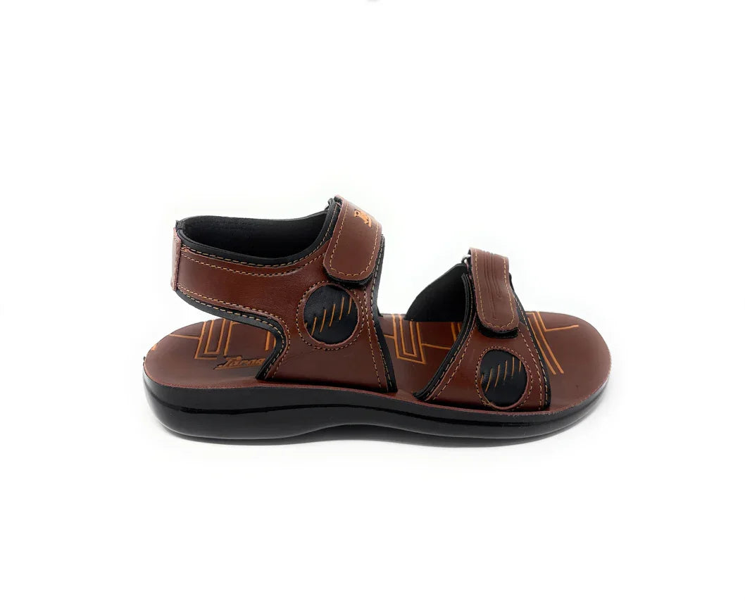 Brown men's sandal with adjustable straps and cushioned sole on white background