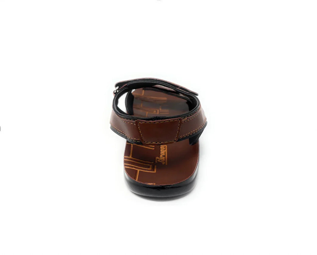 Brown open-toe sandal with Velcro strap, suitable for casual family footwear