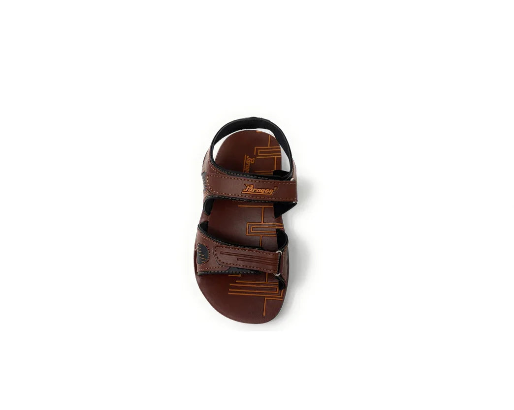 Brown adjustable sandal with velcro straps, top view, stylish men's footwear