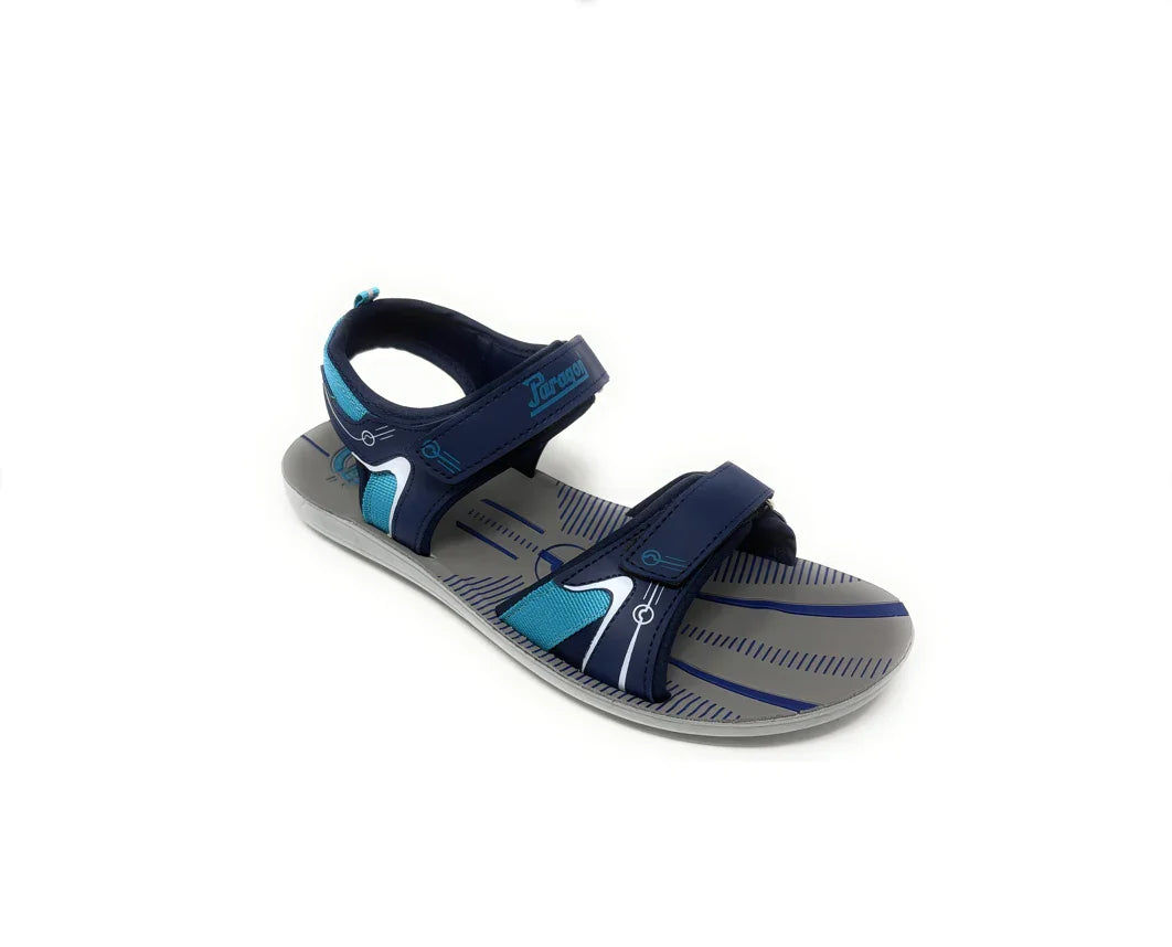 Men's blue and grey open-toe sandal with adjustable straps on white background