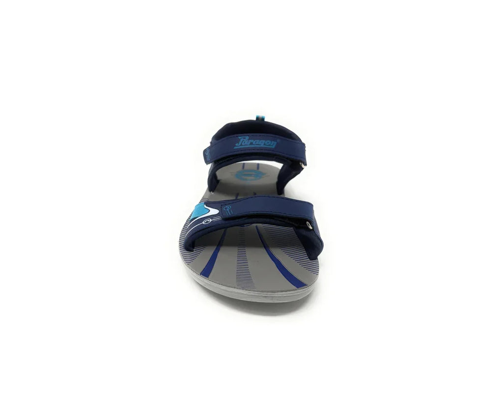 Navy blue and grey open-toe sandal with adjustable straps for men, front view