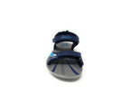 Navy blue and grey open-toe sandal with adjustable straps for men, front view
