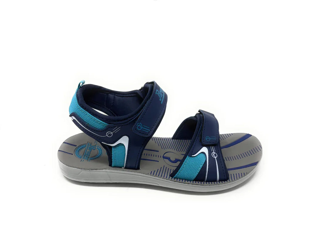 Blue and grey men's sports sandal with adjustable straps and cushioned sole