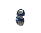 Navy blue and gray kids' sandal with adjustable straps and geometric design accents