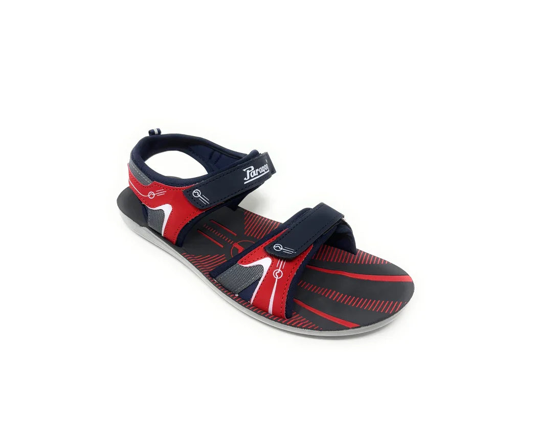 Men's sporty red and navy blue sandal with adjustable straps and graphic footbed