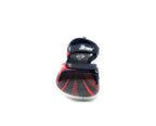 Front view of a navy and red casual sandal with adjustable straps and printed sole
