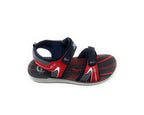 Red and black boys’ sporty sandal with adjustable straps and cushioned footbed on white background