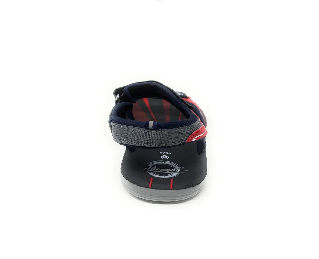 Rear view of a navy blue and gray sandal with adjustable strap and red accents