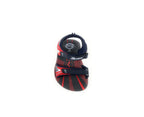 Black and red kids sandal with adjustable straps and sporty graphic design, top view