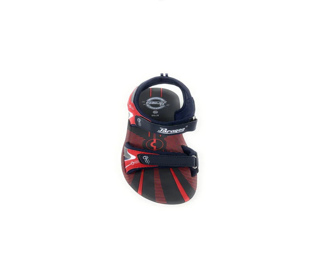 Black and red kids sandal with adjustable straps and sporty graphic design, top view
