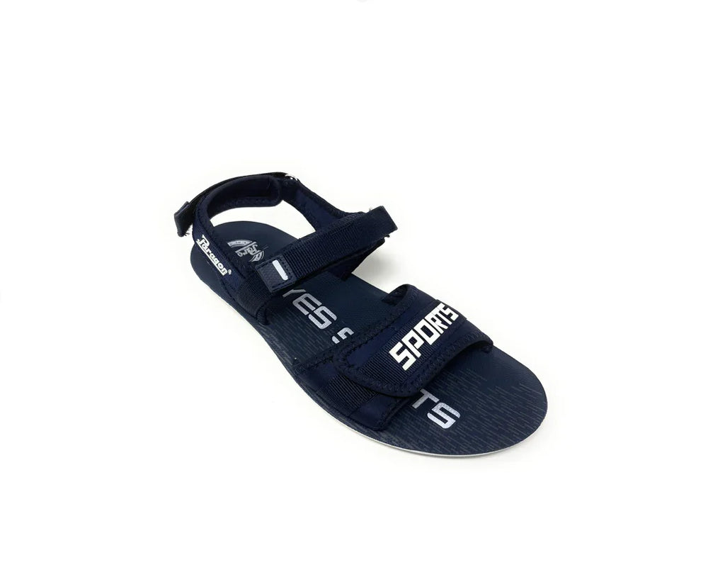 Navy blue men's sports sandal with adjustable straps and white text on sole