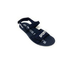 Navy blue men's sports sandal with adjustable straps and white text on sole