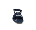 Navy blue sports sandal with adjustable straps and bold white lettering on the front