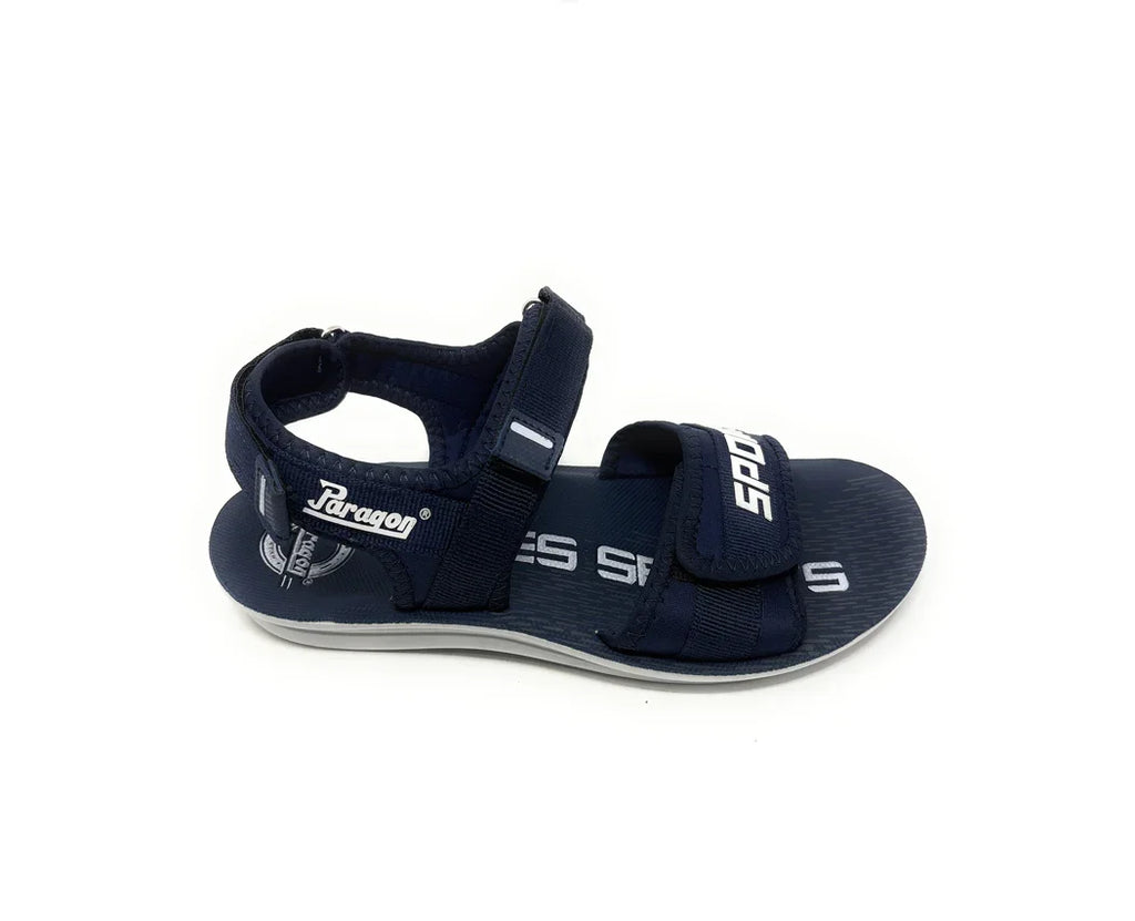 Navy blue sports sandal with adjustable straps and white logo, men's footwear on white background