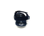 Rear view of a navy blue open-toe sandal with adjustable strap, casual footwear