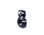 Navy blue sports sandal with adjustable straps and white text on footbed