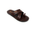 Brown slip-on sandal with dual straps and toe loop, men's casual footwear on white background