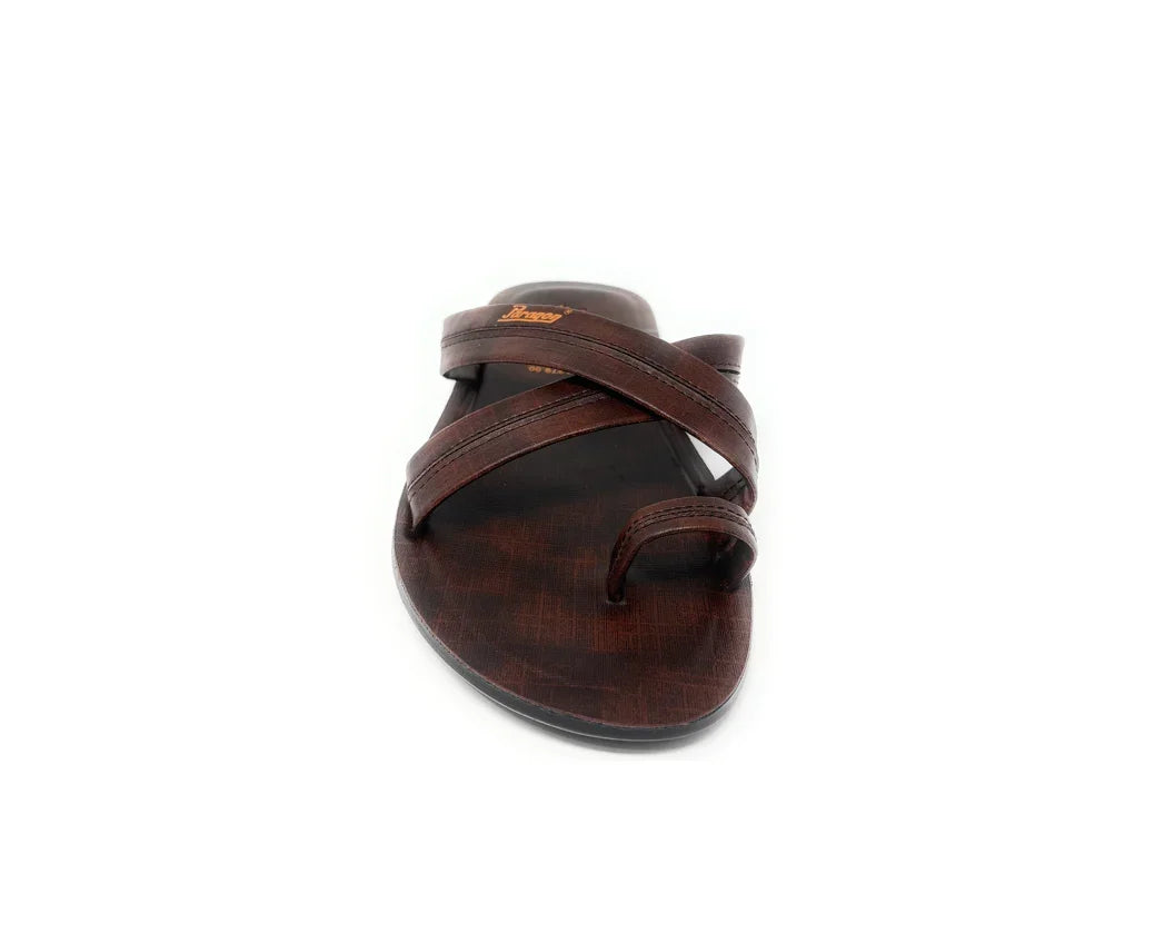Brown leather men's sandal with toe loop and crisscross straps, front view on white background.