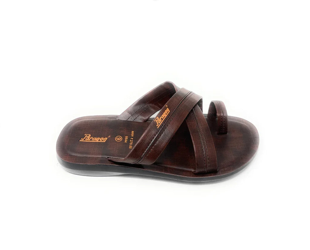 Brown men's slip-on sandal with cross straps and toe loop on a white background