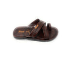 Brown men's slip-on sandal with cross straps and toe loop on a white background