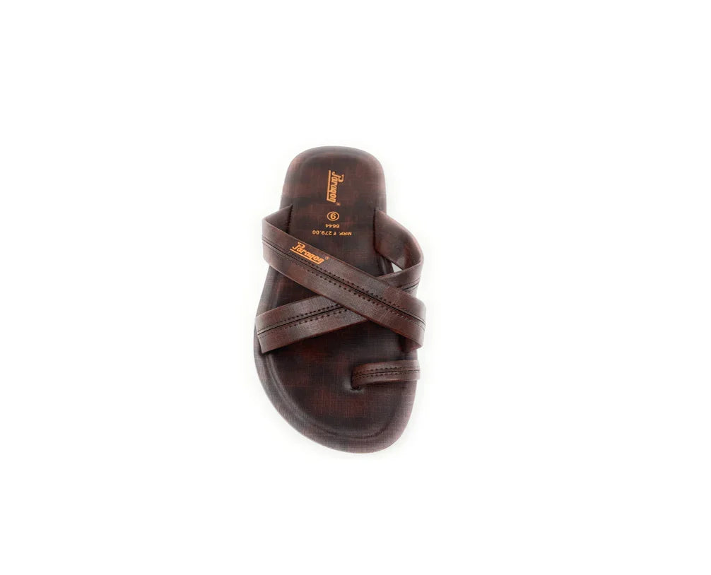 Men's brown slip-on sandal with crisscross leather straps on white background