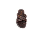 Men's brown slip-on sandal with crisscross leather straps on white background
