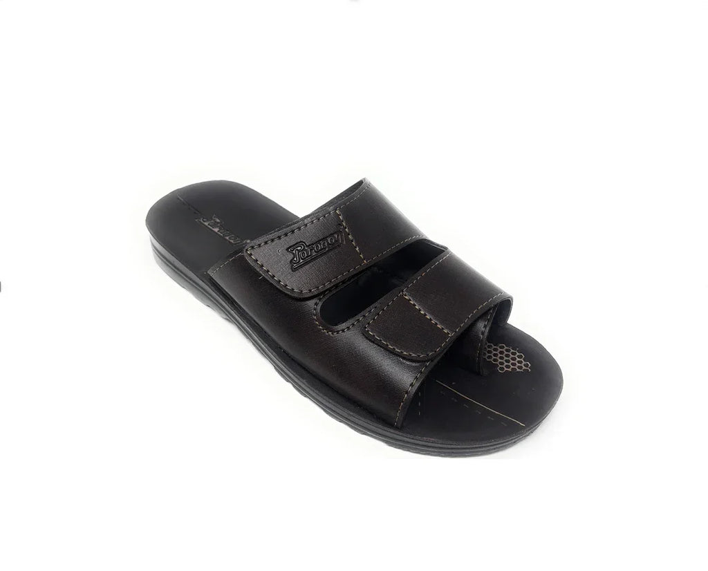 Men's dark brown open-toe slide sandal with double straps and visible stitching, casual footwear