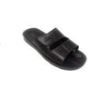 Men's dark brown open-toe slide sandal with double straps and visible stitching, casual footwear