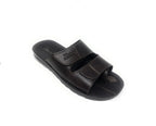 Men's dark brown open-toe slide sandal with double straps and visible stitching, casual footwear