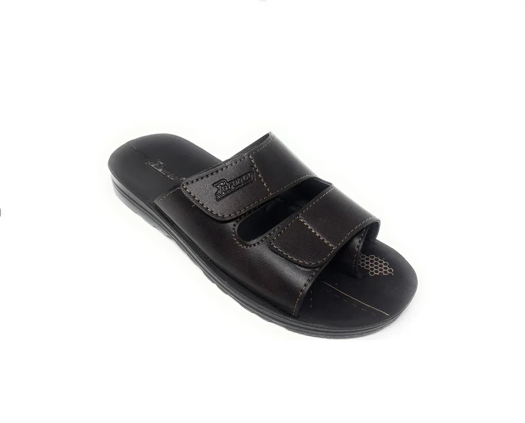 Men's dark brown open-toe slide sandal with double straps and visible stitching, casual footwear