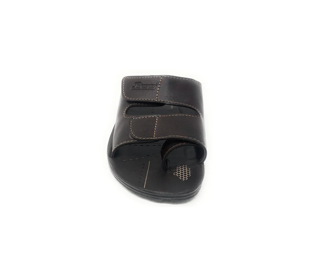 Men's brown open-toe sandal with dual straps and contrast stitching on white background