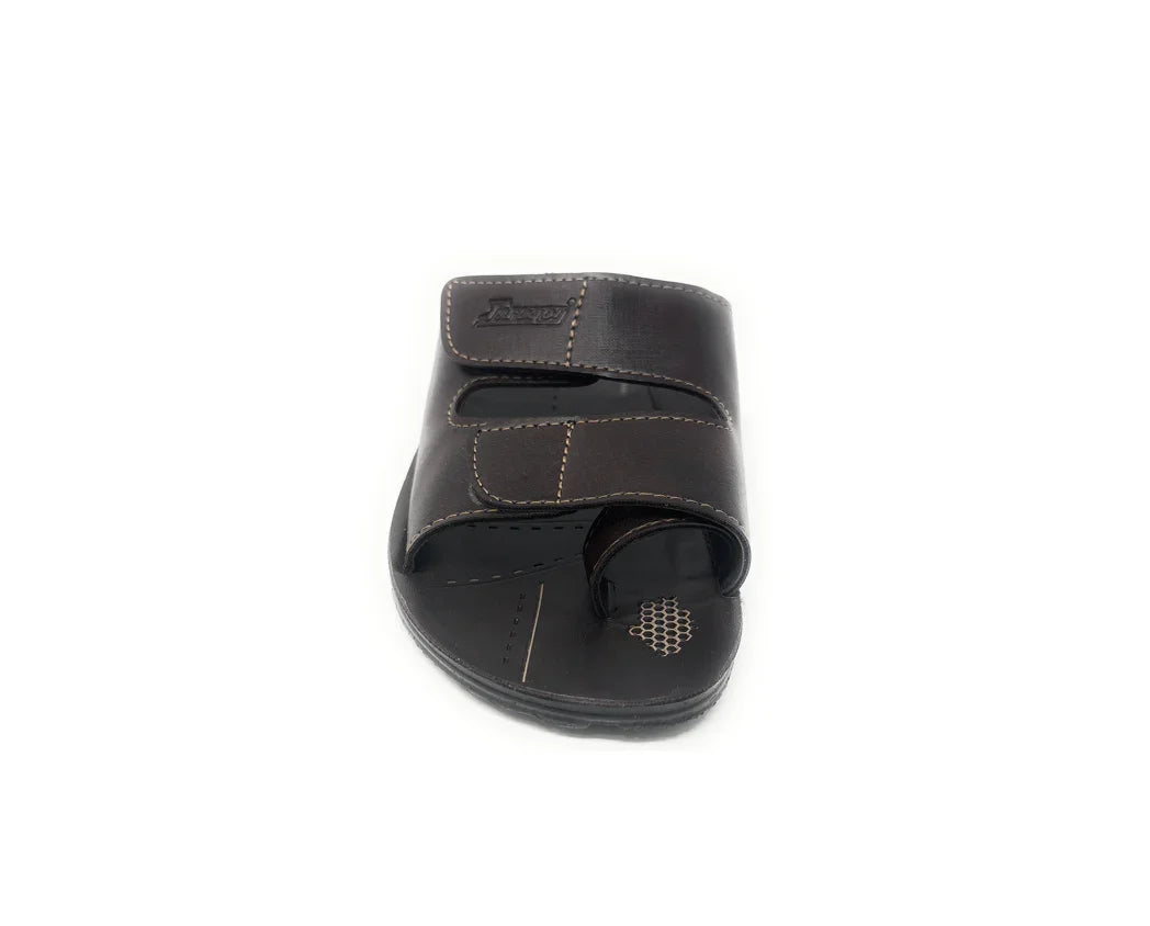 Men's brown open-toe sandal with dual straps and contrast stitching on white background