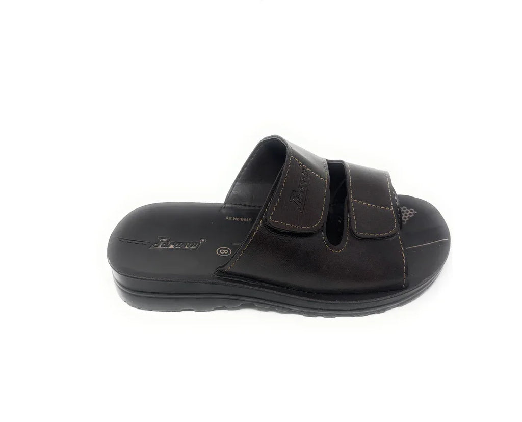 Men's brown leather slide sandal with two adjustable straps on white background