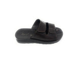 Men's brown leather slide sandal with two adjustable straps on white background