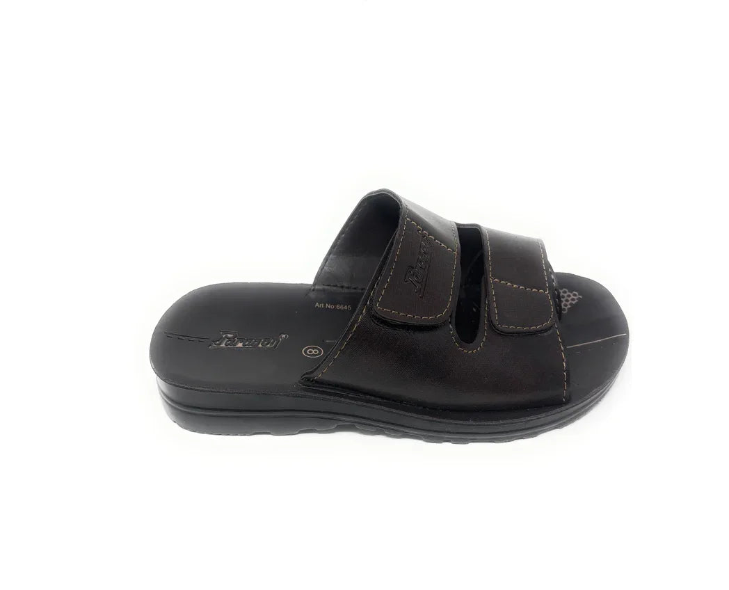 Men's brown leather slide sandal with two adjustable straps on white background