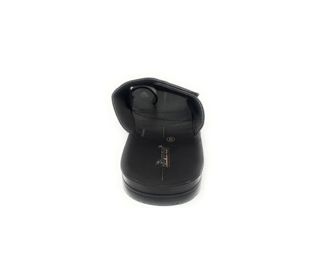 Black slip-on sandal with open toe and adjustable strap, photographed on white background