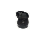 Black slip-on sandal with open toe and adjustable strap, photographed on white background