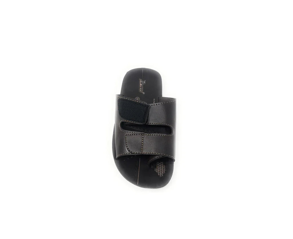 Black open-toe slide sandal with adjustable velcro straps and contrast stitching, top view