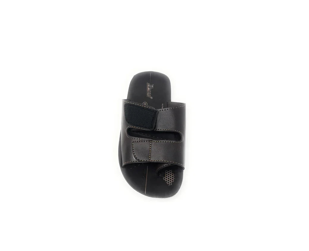 Black open-toe slide sandal with adjustable velcro straps and contrast stitching, top view