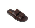 Brown men's slip-on sandal with dual straps, open toe, and cushioned sole on white background