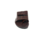 Brown men's slide sandal with adjustable straps and textured sole on white background