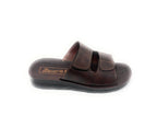 Men's brown slide sandal with double straps and cushioned sole on white background