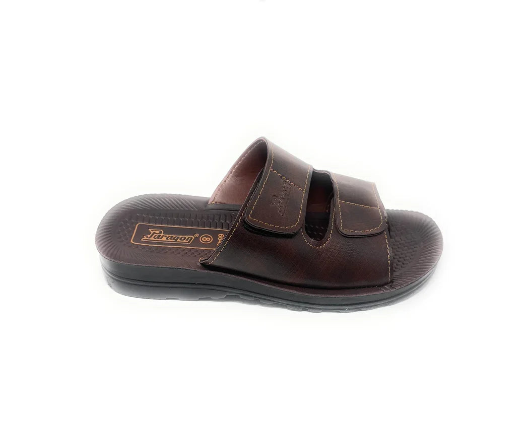 Men's brown slide sandal with double straps and cushioned sole on white background