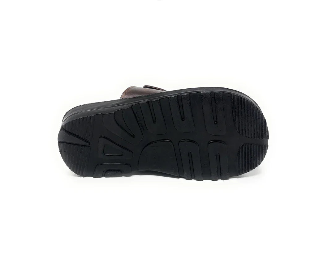 Black rubber sandal sole with textured tread pattern on white background
