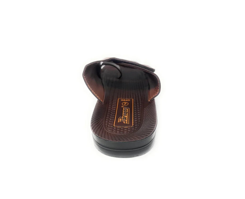 Brown men's sandal with textured footbed, open toe, and slip-on design on white background