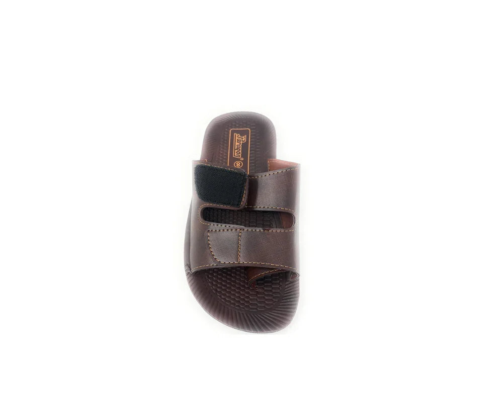 Men's brown slip-on sandal with two adjustable straps and textured footbed