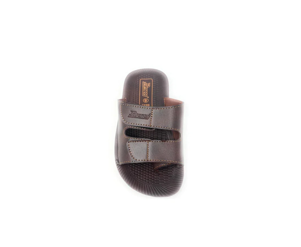 Men's brown slide sandal with cushioned sole and double strap, top view