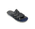 Men's grey slip-on sandal with woven straps and blue cushioned footbed on white background