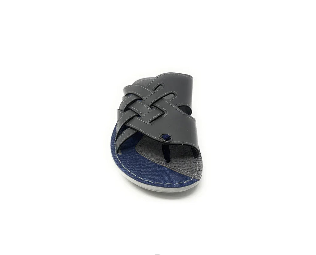 Men's gray slip-on sandal with woven straps and blue cushioned sole, casual footwear